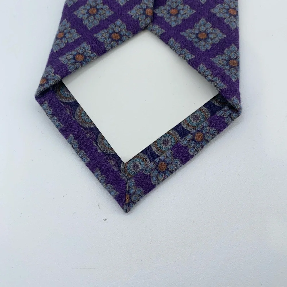 Eton Tie Mens One Size Purple Wool Geometric Floral Print Hand Made Italy